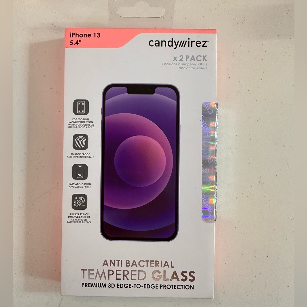 Candyirez Antibacterial Incluides 2 Tempered Glass, Iphone 13 5.4”. New in box.